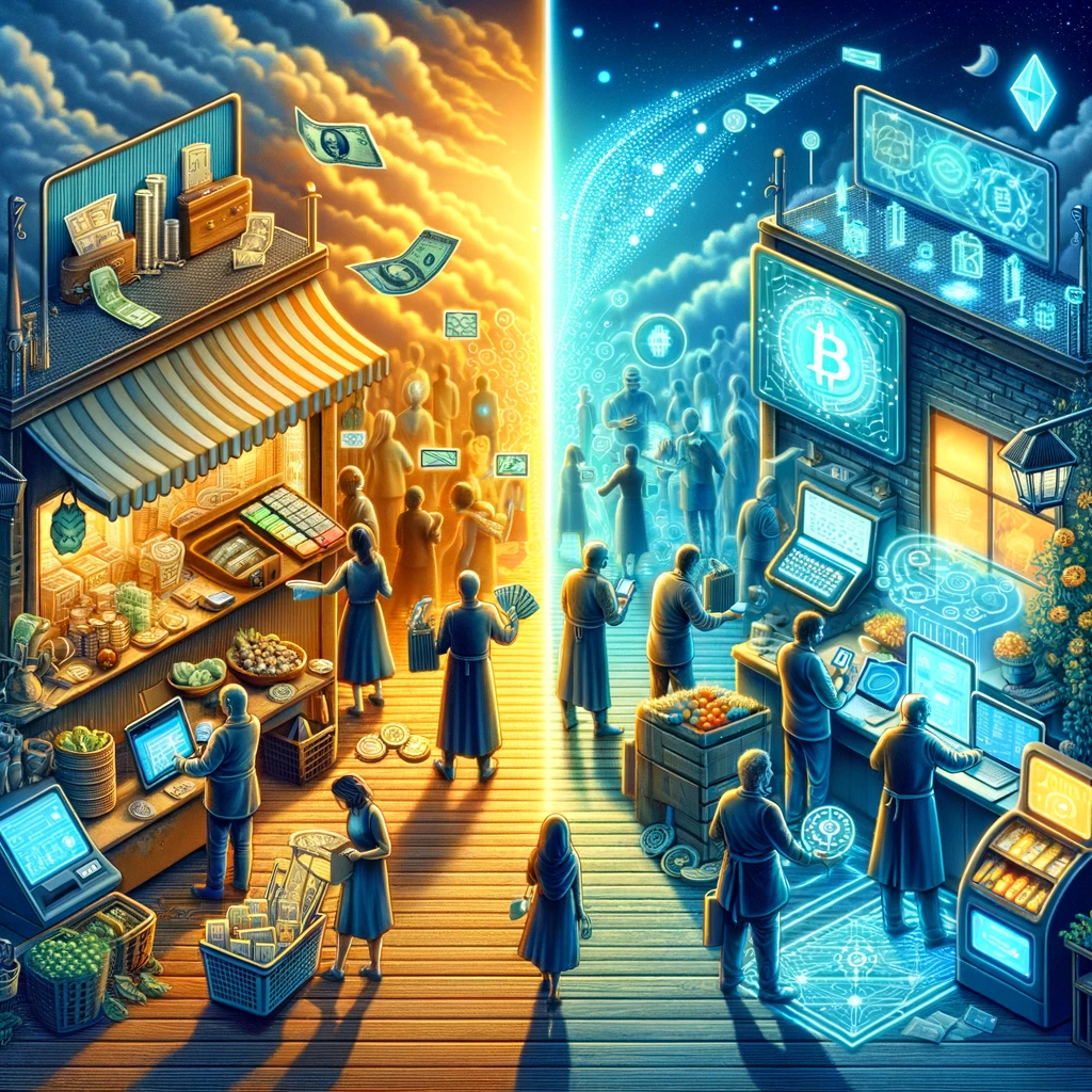 Illustration of a vibrant marketplace with traditional commerce on the left and cryptocurrency transactions on the right, showcasing a seamless blend of old and new payment methods.