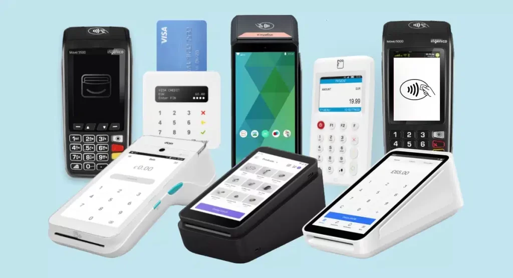 A variety of modern card payment machines including the sleek Dojo Go, showcasing the latest in payment processing technology