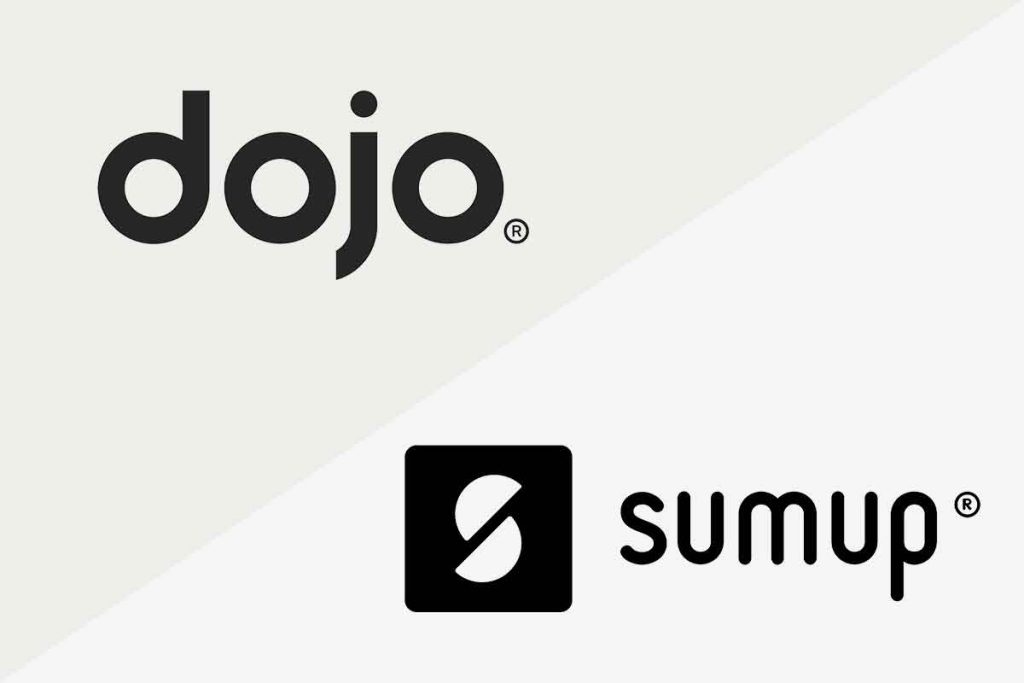 Logos of Dojo and SumUp side by side against a neutral background, highlighting the two competitive card payment service providers.